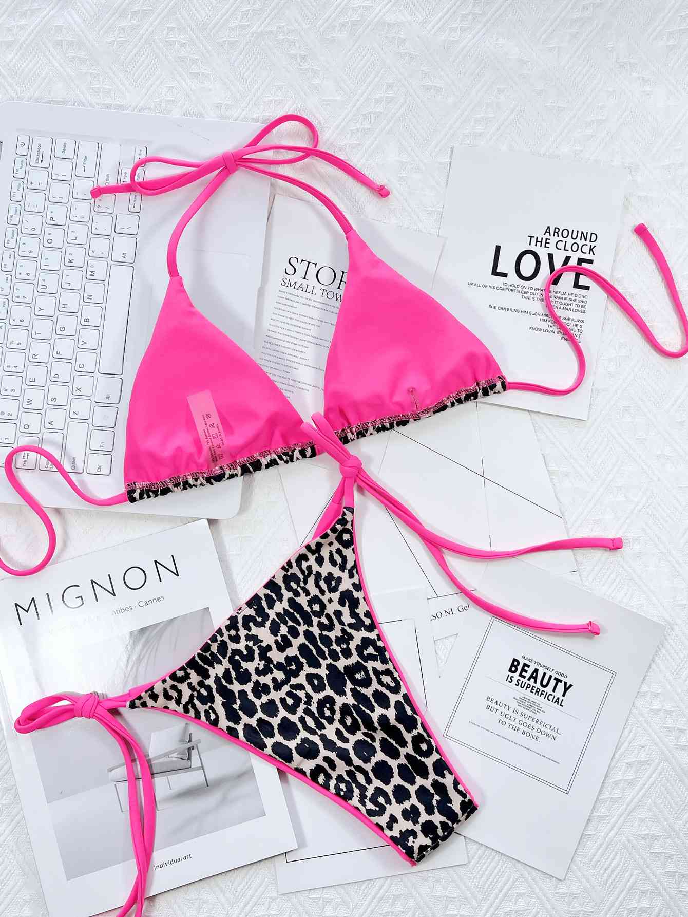 Leopard Print Halter Neck Tie Side Bikini Set - Siennasass