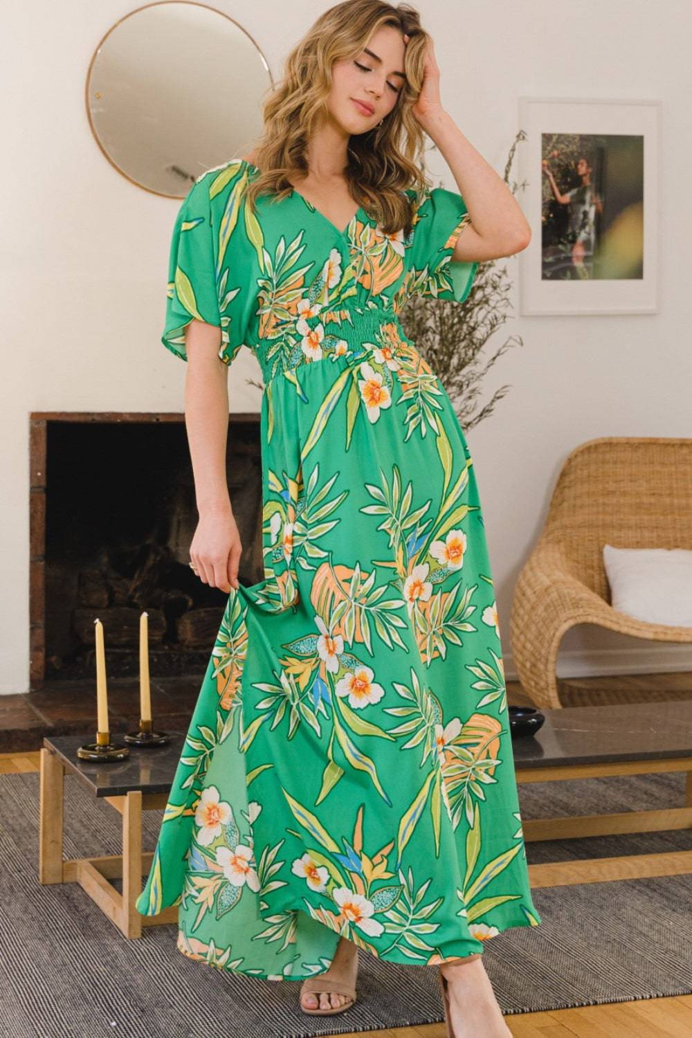 ODDI Full Size Floral Smocked Tied Back Maxi Dress - Siennasass