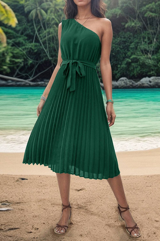 Pleated Single Shoulder Tie Waist Midi Dress - Siennasass