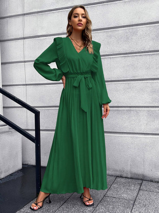 Pleated Surplice Tie Waist Maxi Dress - Siennasass