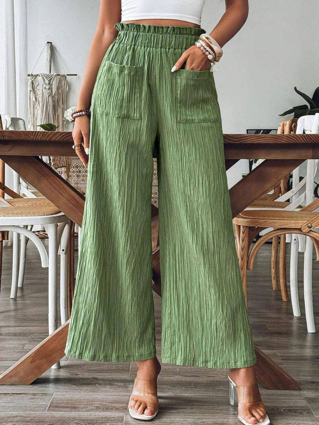 Pocketed Elastic Waist Wide Leg Pants - Siennasass