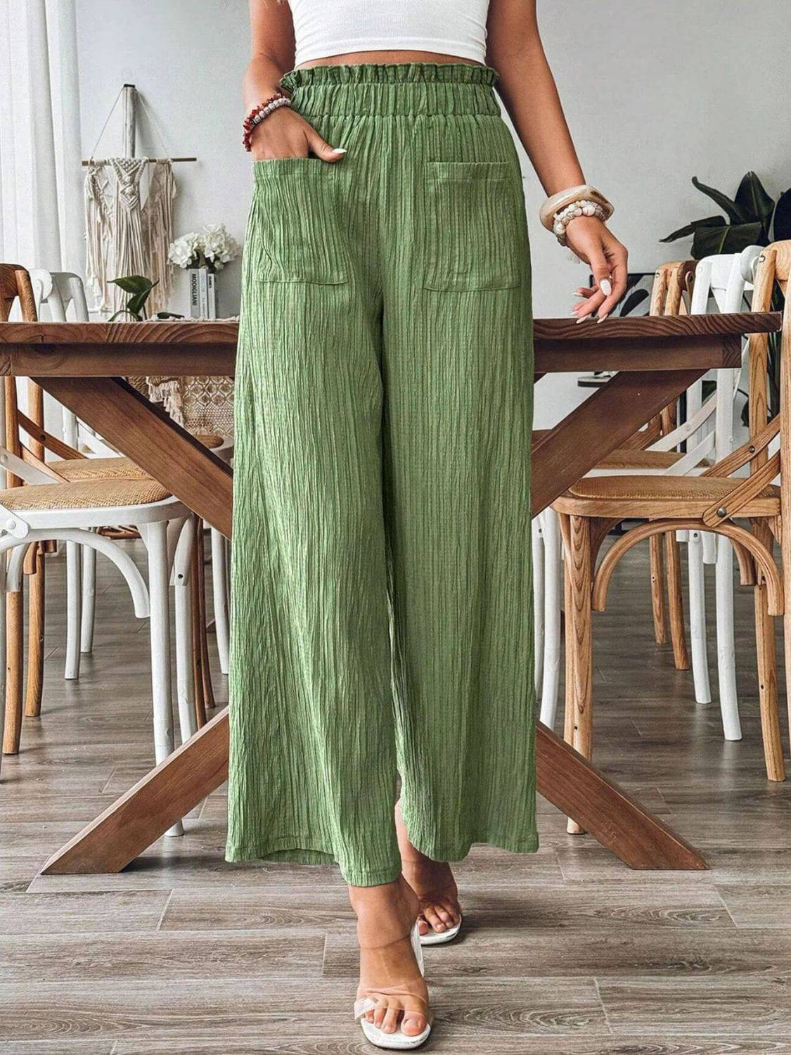 Pocketed Elastic Waist Wide Leg Pants - Siennasass