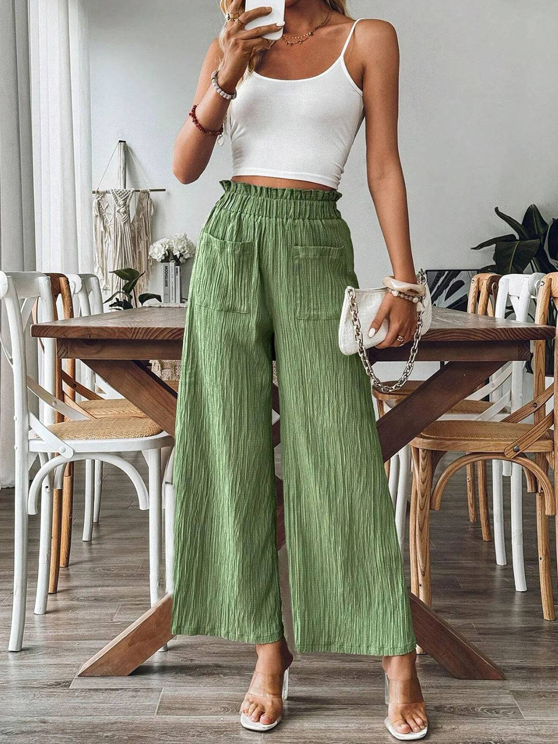 Pocketed Elastic Waist Wide Leg Pants - Siennasass