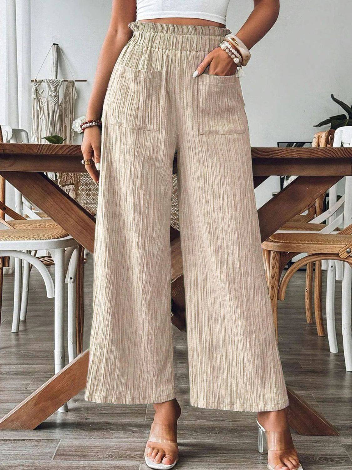 Pocketed Elastic Waist Wide Leg Pants - Siennasass
