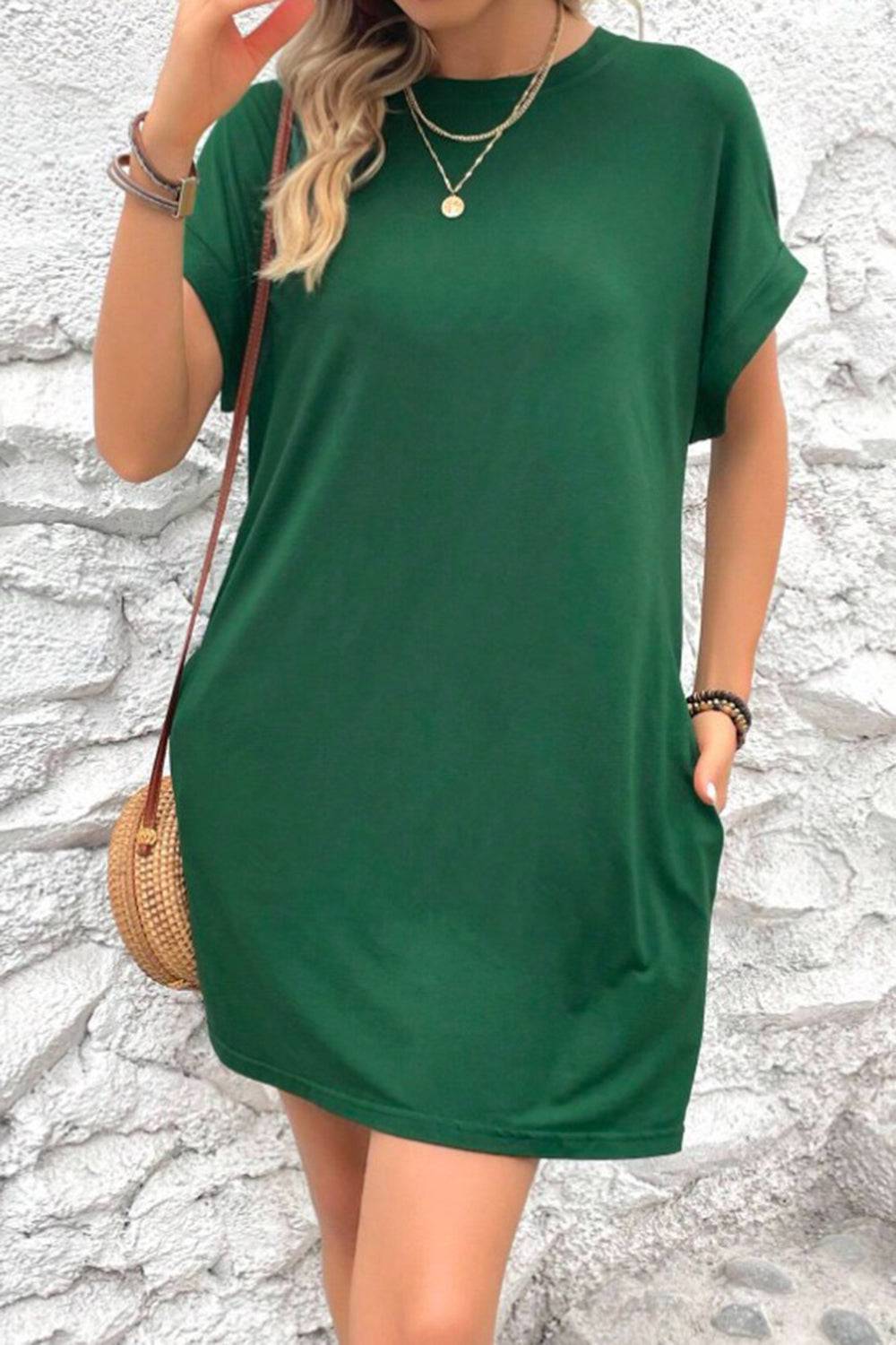 Pocketed Round Neck Short Sleeve Dress - Siennasass