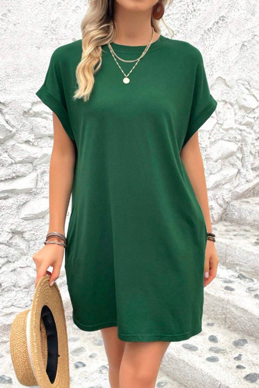 Pocketed Round Neck Short Sleeve Dress - Siennasass