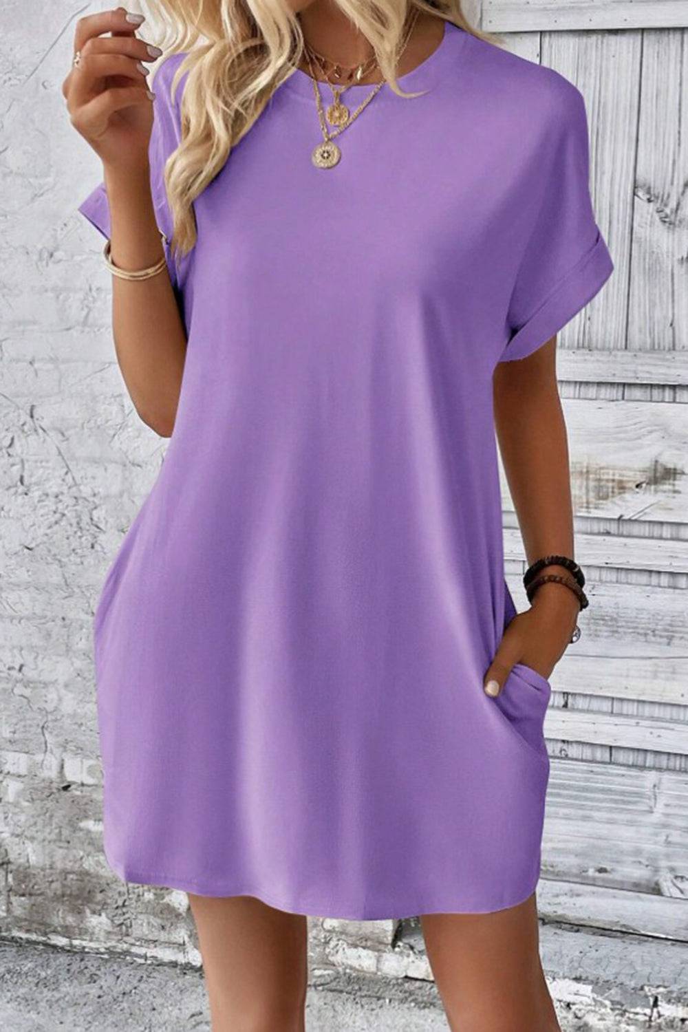 Pocketed Round Neck Short Sleeve Dress - Siennasass