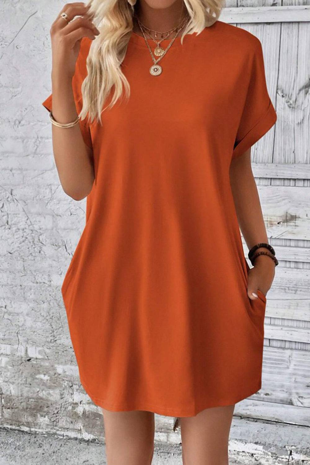 Pocketed Round Neck Short Sleeve Dress - Siennasass