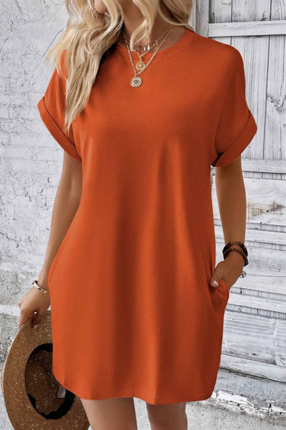 Pocketed Round Neck Short Sleeve Dress - Siennasass