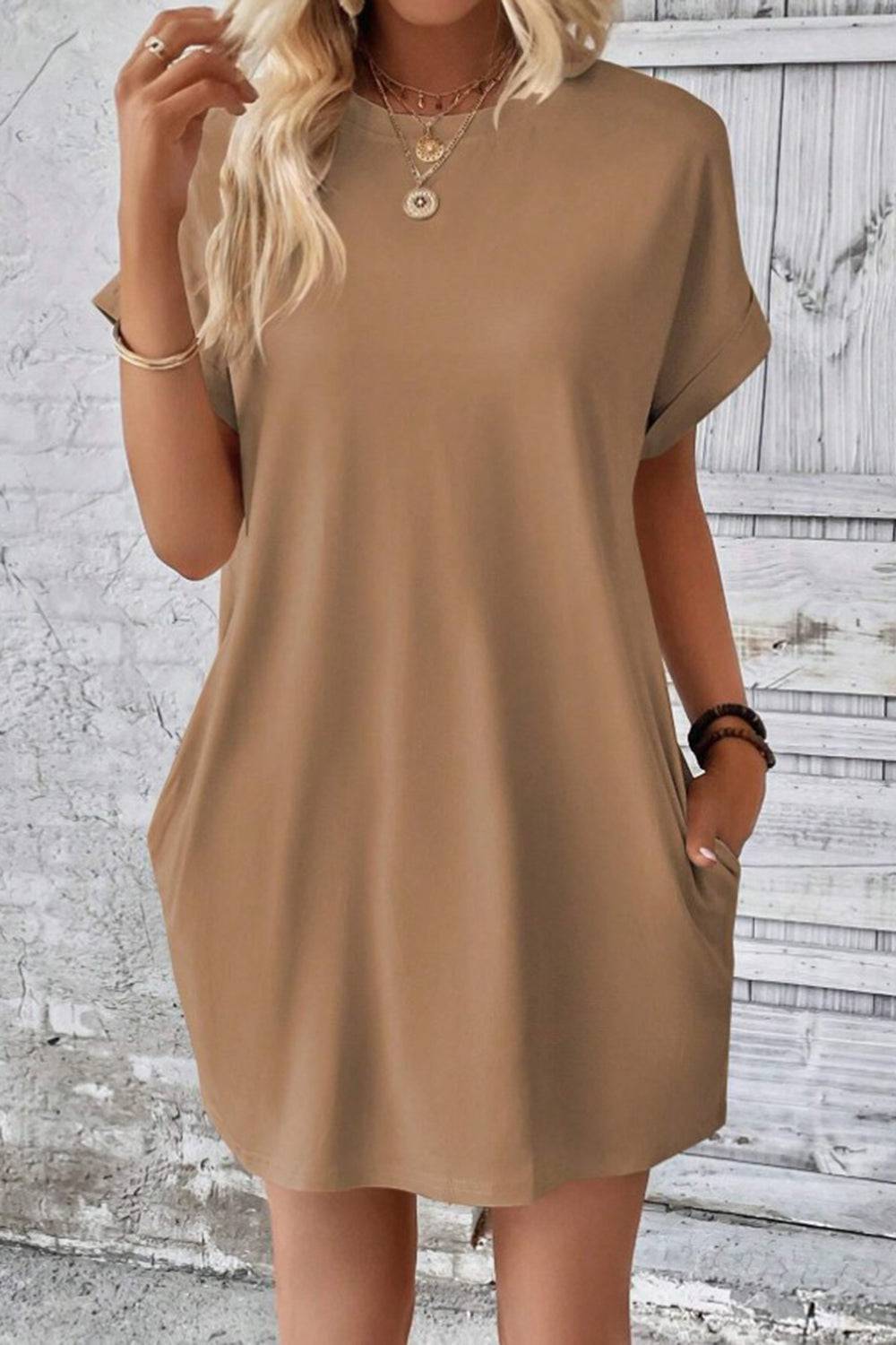 Pocketed Round Neck Short Sleeve Dress - Siennasass