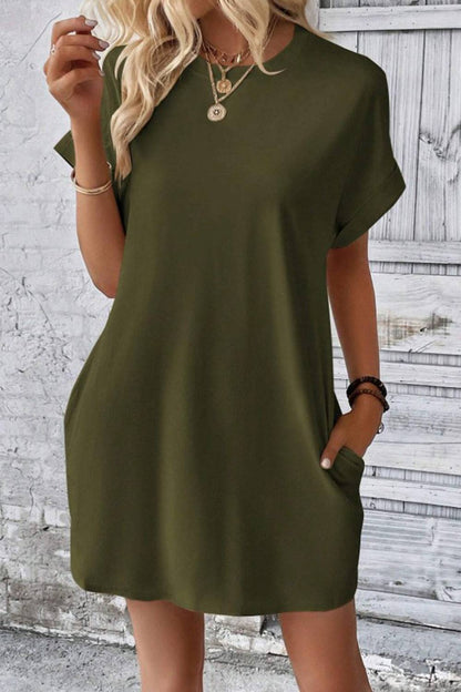 Pocketed Round Neck Short Sleeve Dress - Siennasass