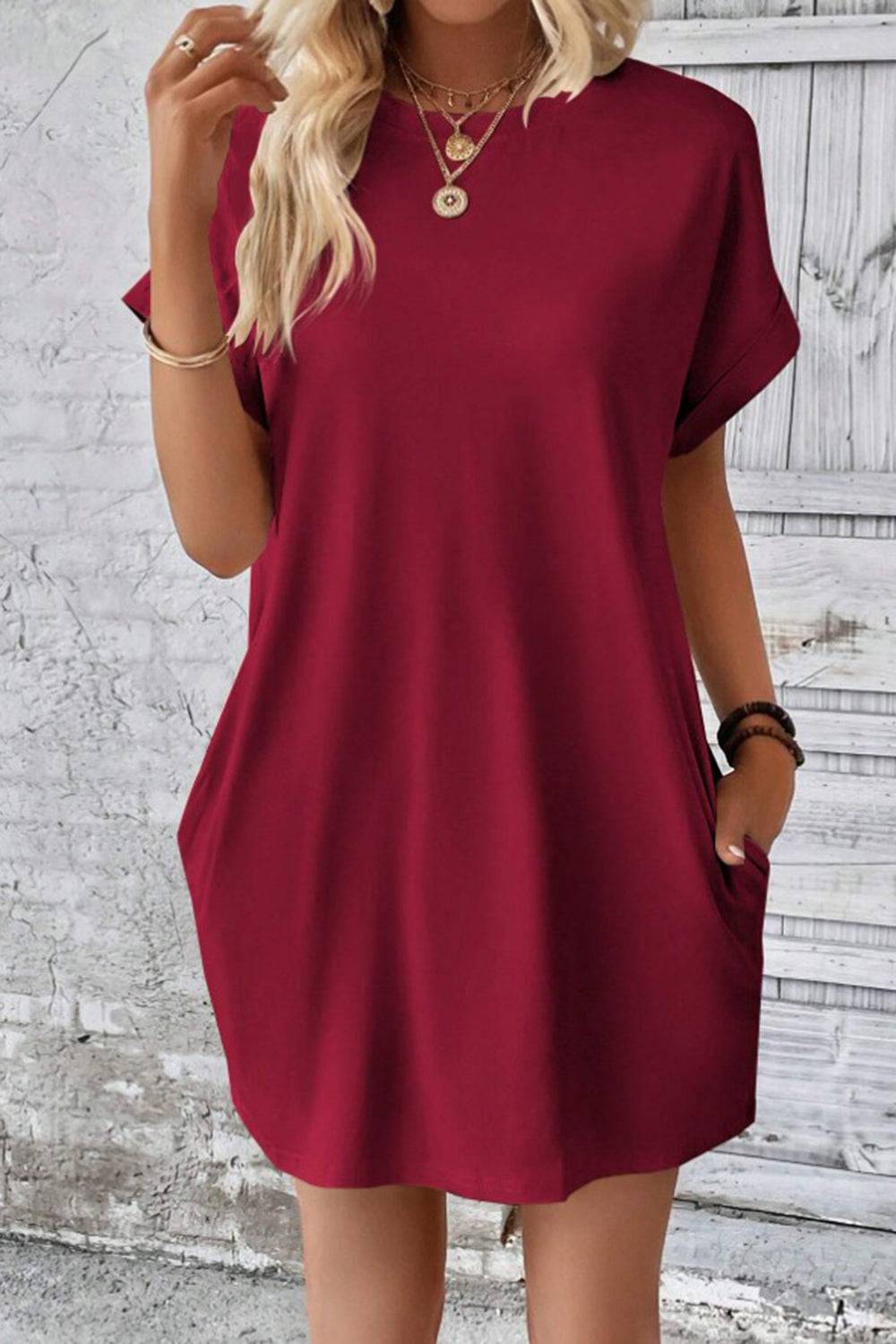 Pocketed Round Neck Short Sleeve Dress - Siennasass