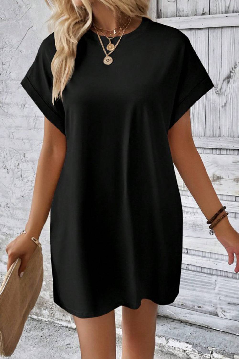 Pocketed Round Neck Short Sleeve Dress - Siennasass