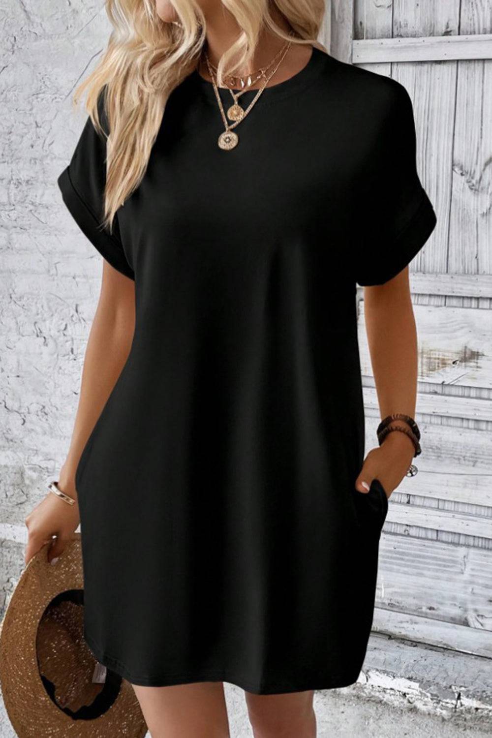 Pocketed Round Neck Short Sleeve Dress - Siennasass