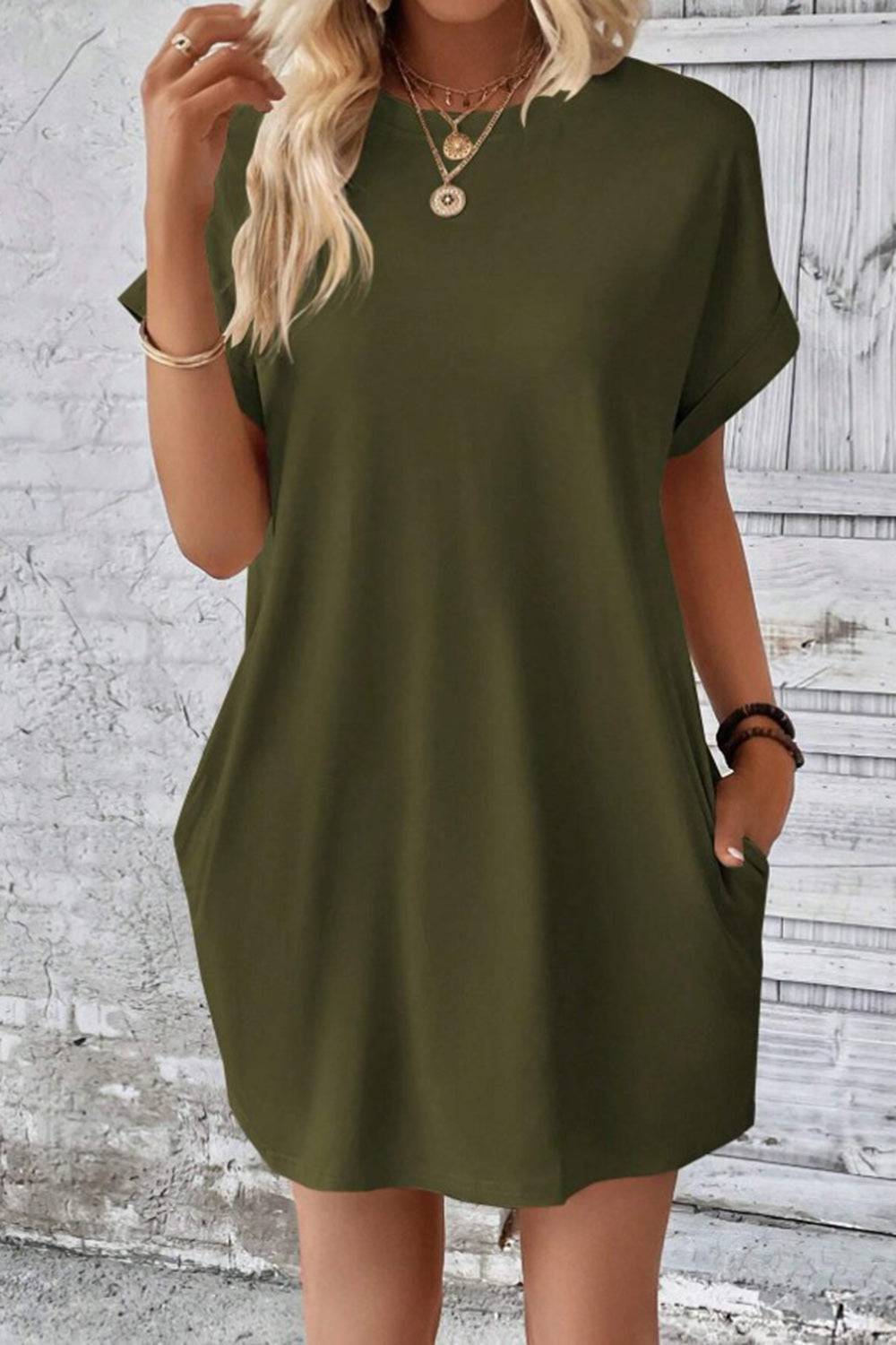 Pocketed Round Neck Short Sleeve Dress - Siennasass