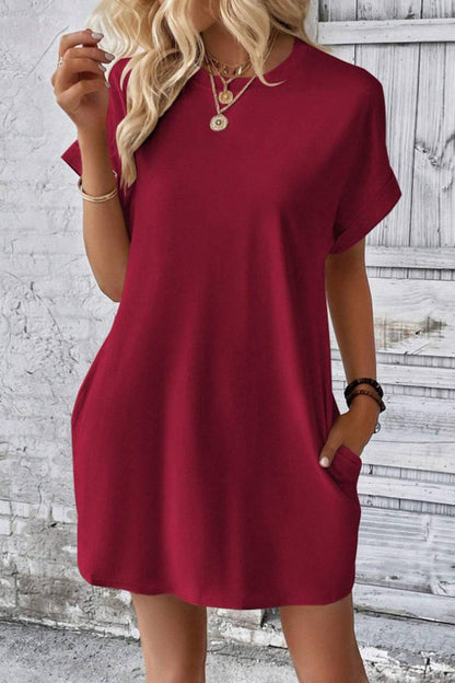 Pocketed Round Neck Short Sleeve Dress - Siennasass