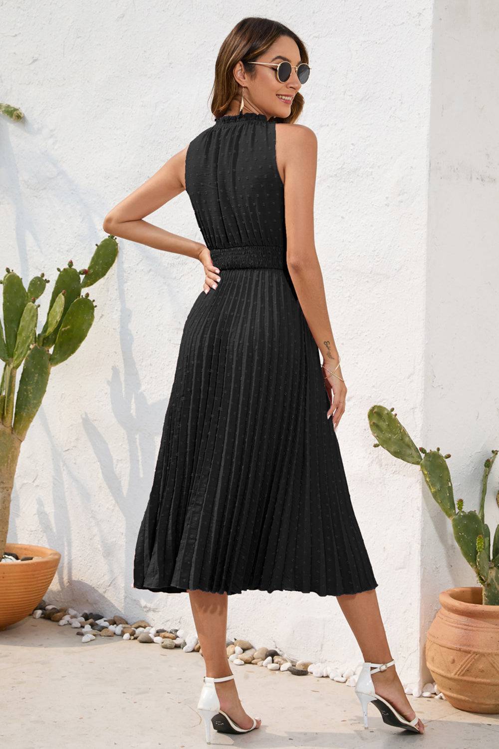 Swiss Dot Tie Neck Sleeveless Dress - Siennasass