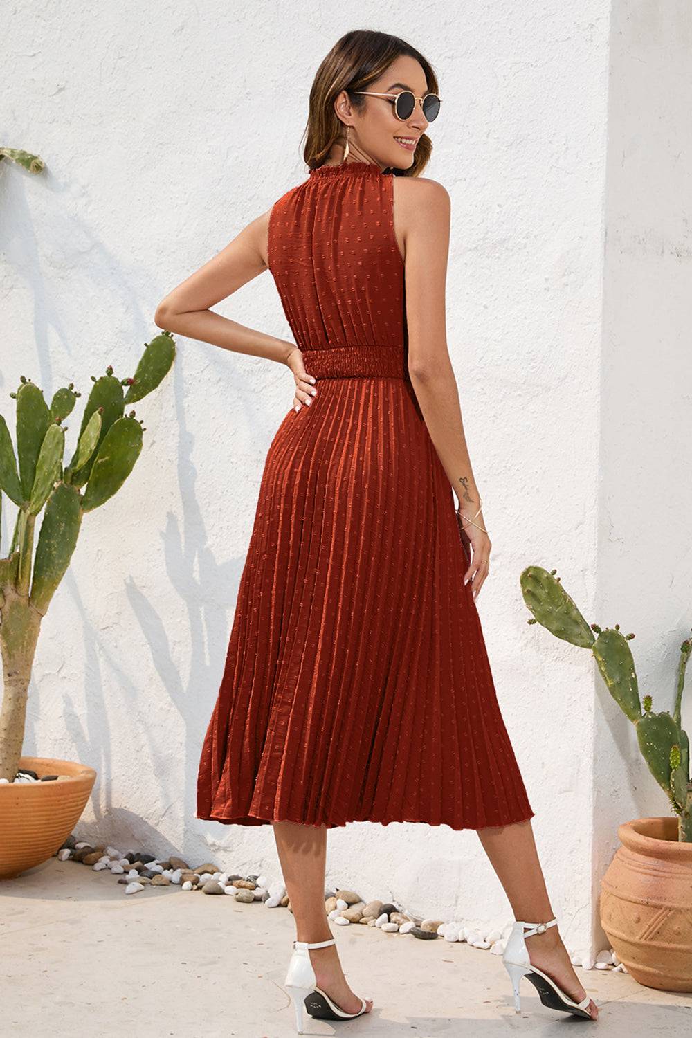 Swiss Dot Tie Neck Sleeveless Dress - Siennasass