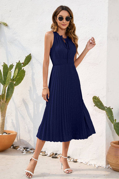 Swiss Dot Tie Neck Sleeveless Dress - Siennasass