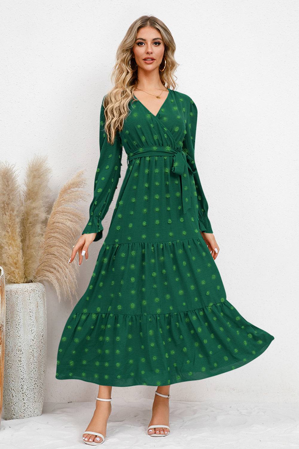 Swiss Dot Tied Surplice Flounce Sleeve Dress - Siennasass