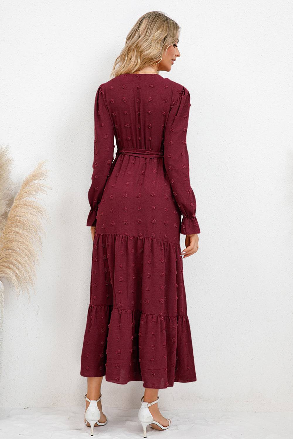 Swiss Dot Tied Surplice Flounce Sleeve Dress - Siennasass