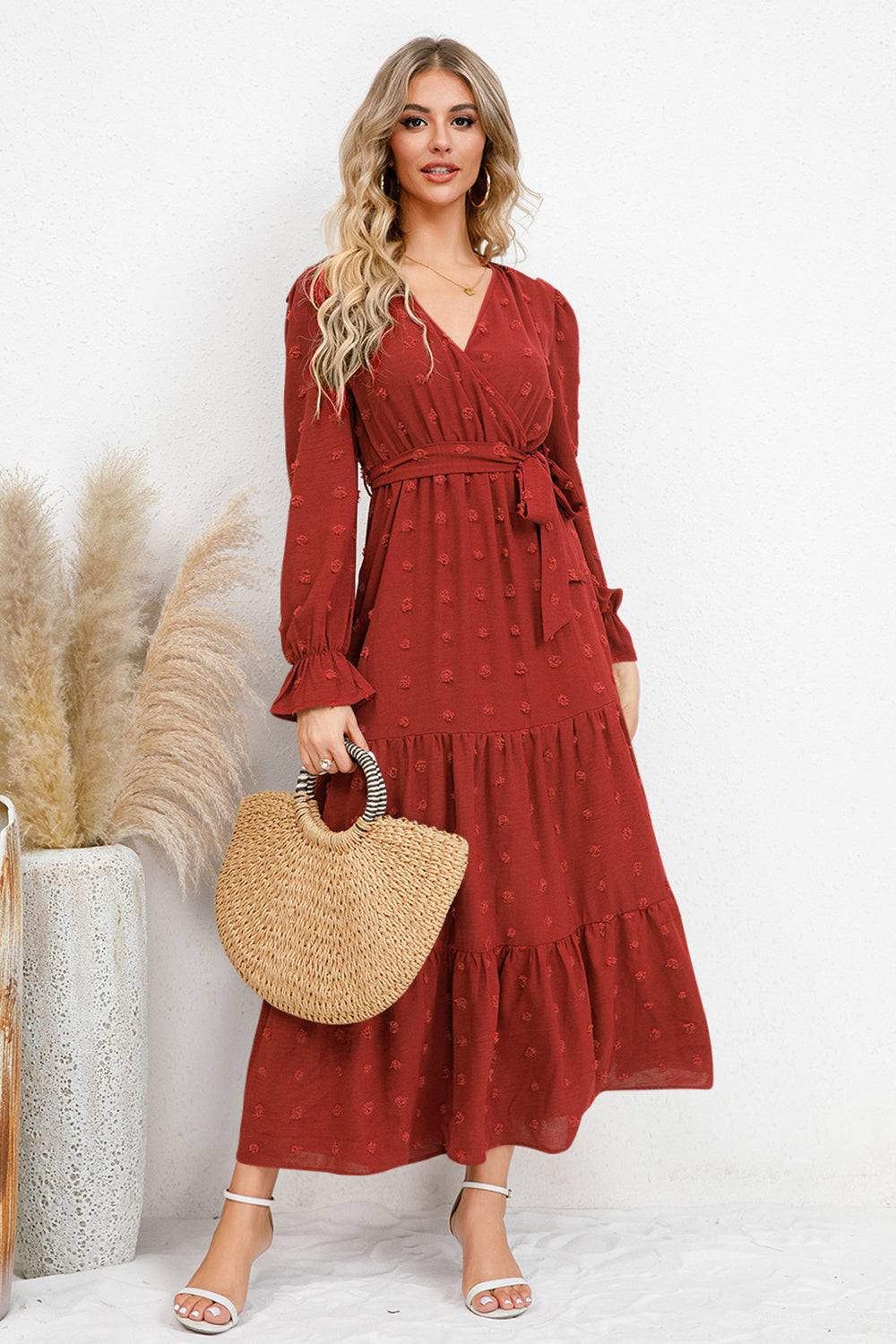 Swiss Dot Tied Surplice Flounce Sleeve Dress - Siennasass