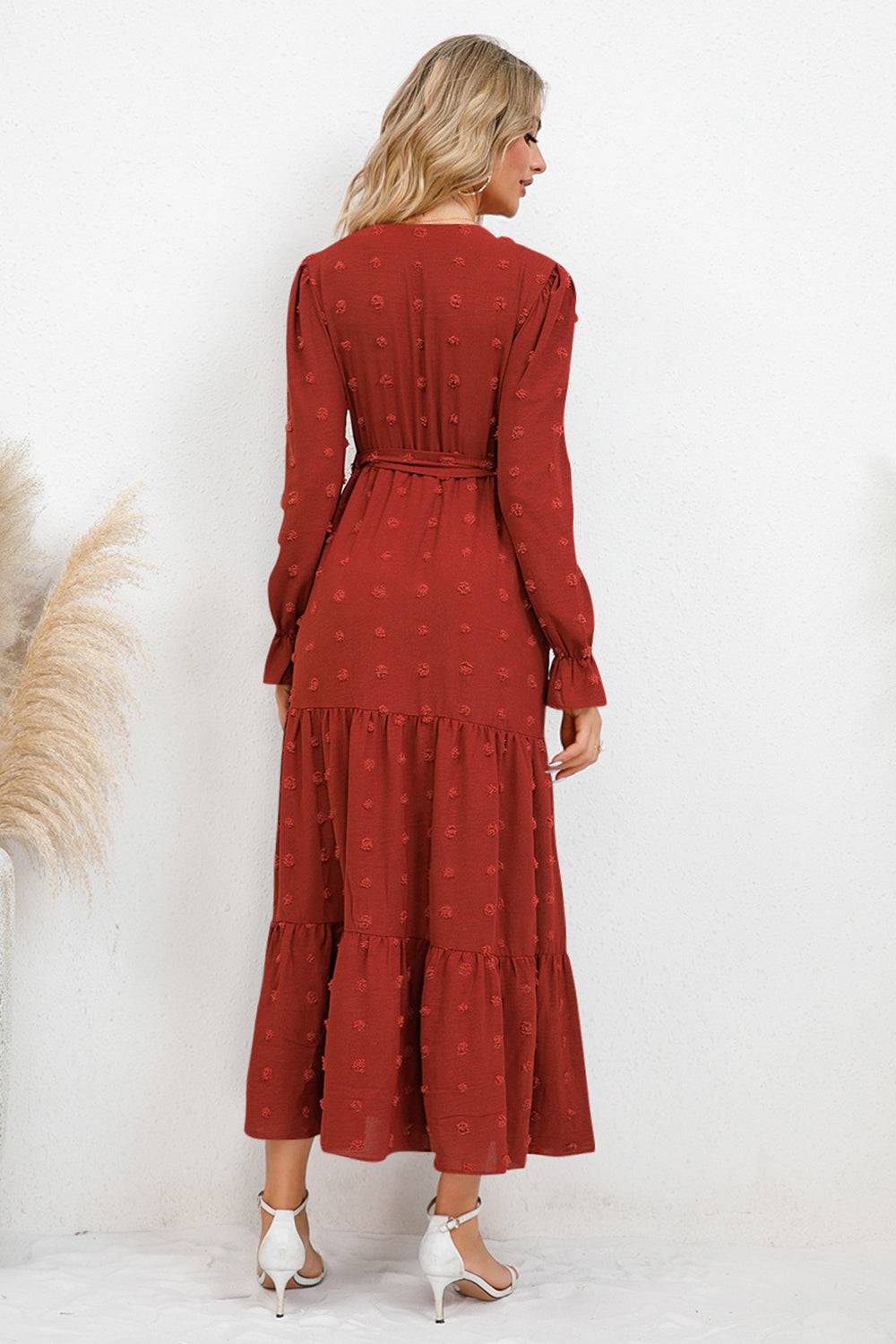 Swiss Dot Tied Surplice Flounce Sleeve Dress - Siennasass