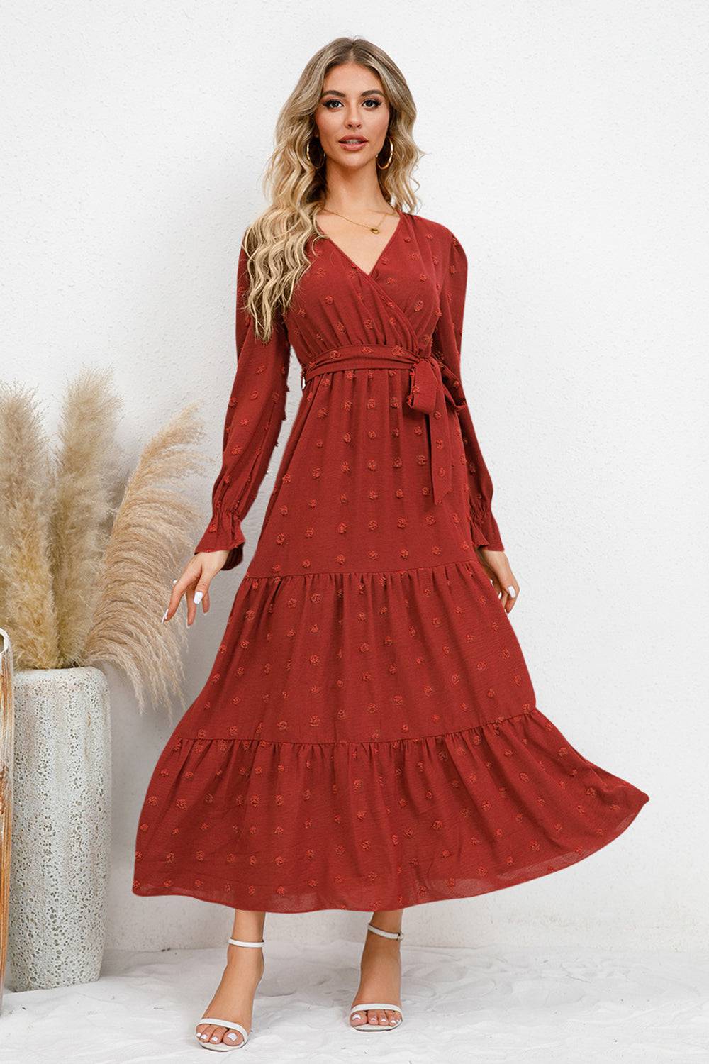 Swiss Dot Tied Surplice Flounce Sleeve Dress - Siennasass