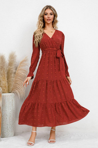 Swiss Dot Tied Surplice Flounce Sleeve Dress - Siennasass