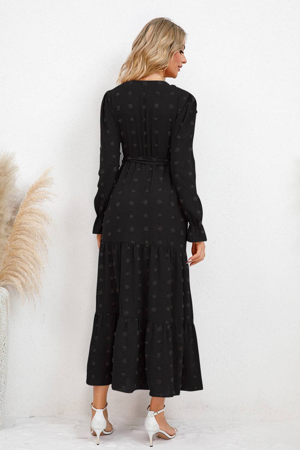 Swiss Dot Tied Surplice Flounce Sleeve Dress - Siennasass