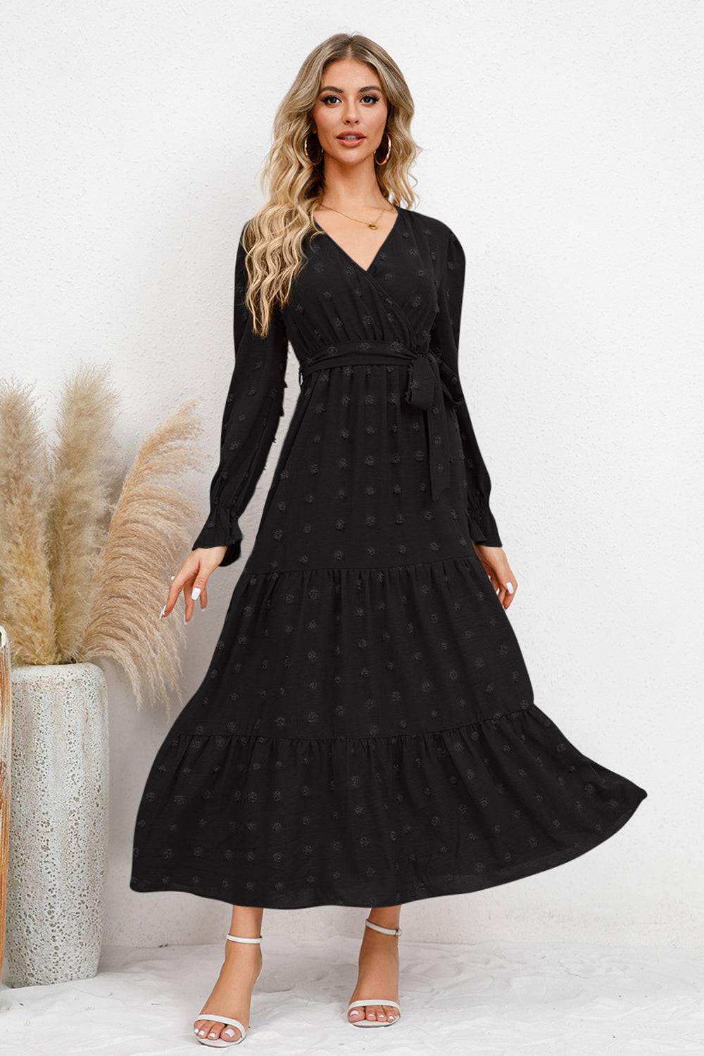 Swiss Dot Tied Surplice Flounce Sleeve Dress - Siennasass