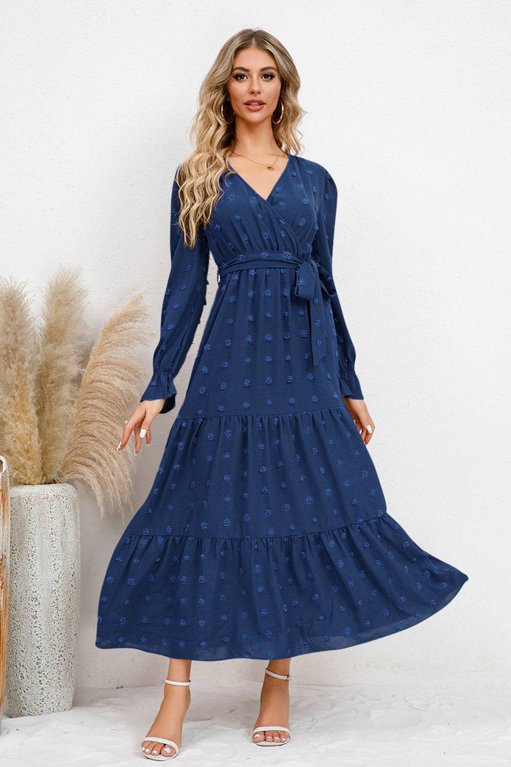 Swiss Dot Tied Surplice Flounce Sleeve Dress - Siennasass