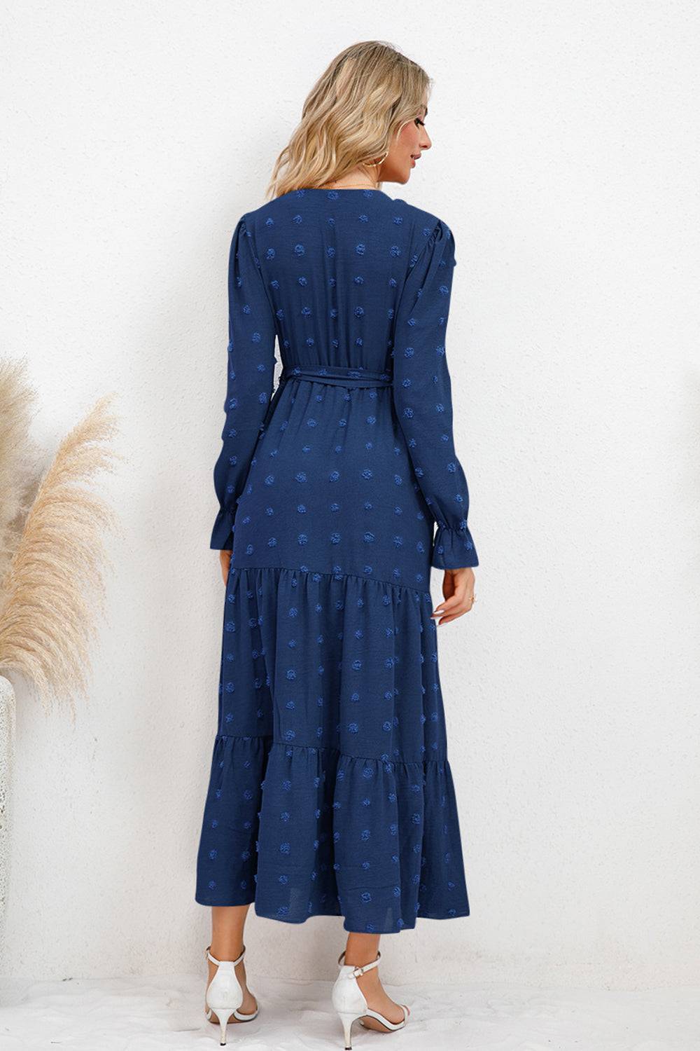 Swiss Dot Tied Surplice Flounce Sleeve Dress - Siennasass