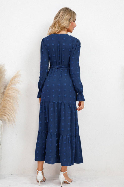 Swiss Dot Tied Surplice Flounce Sleeve Dress - Siennasass