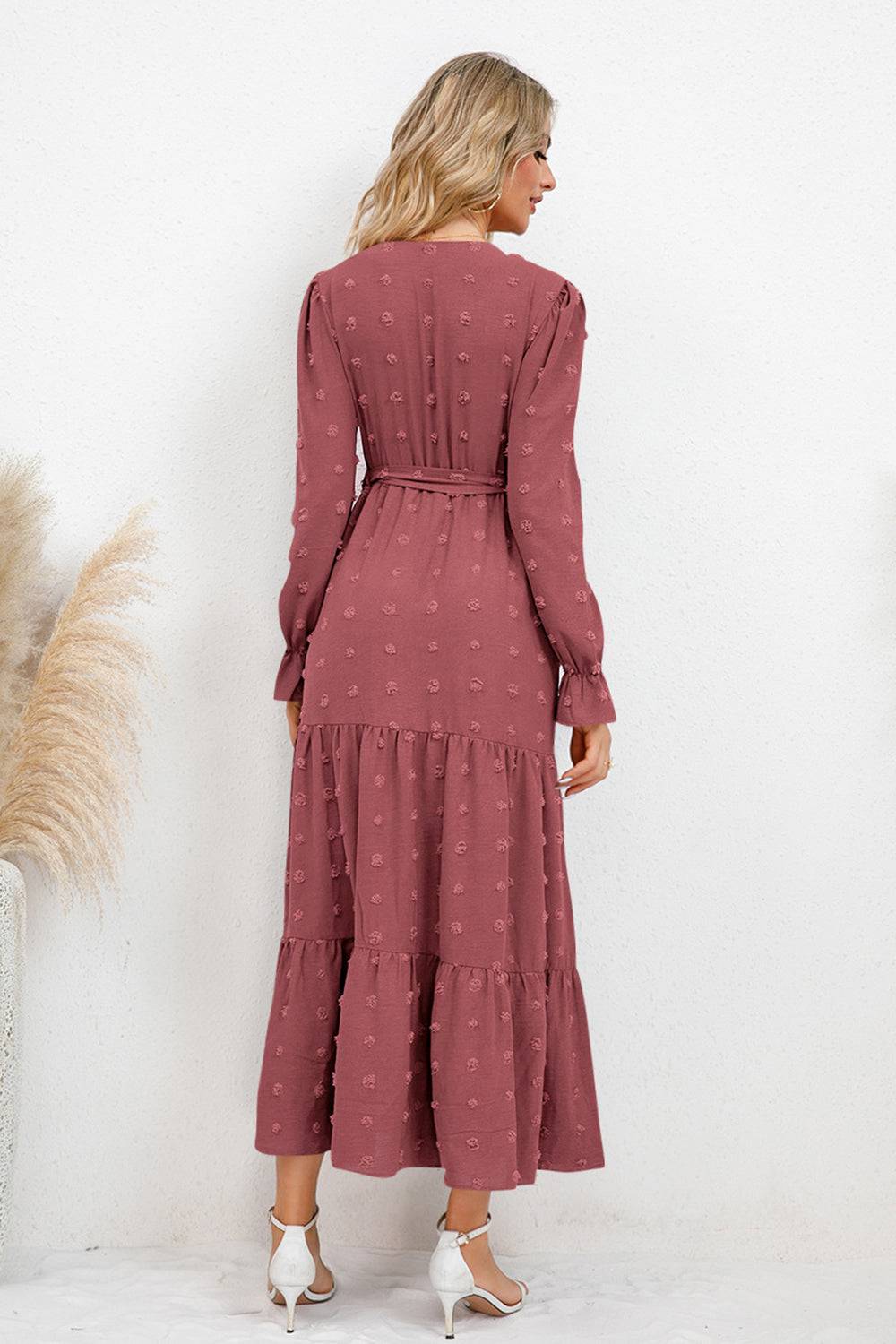 Swiss Dot Tied Surplice Flounce Sleeve Dress - Siennasass