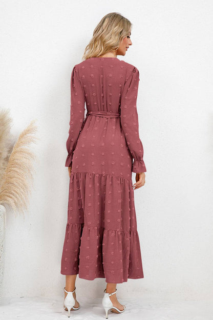 Swiss Dot Tied Surplice Flounce Sleeve Dress - Siennasass
