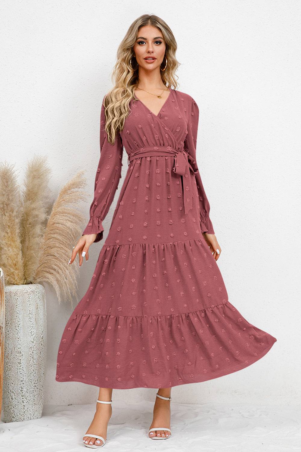 Swiss Dot Tied Surplice Flounce Sleeve Dress - Siennasass