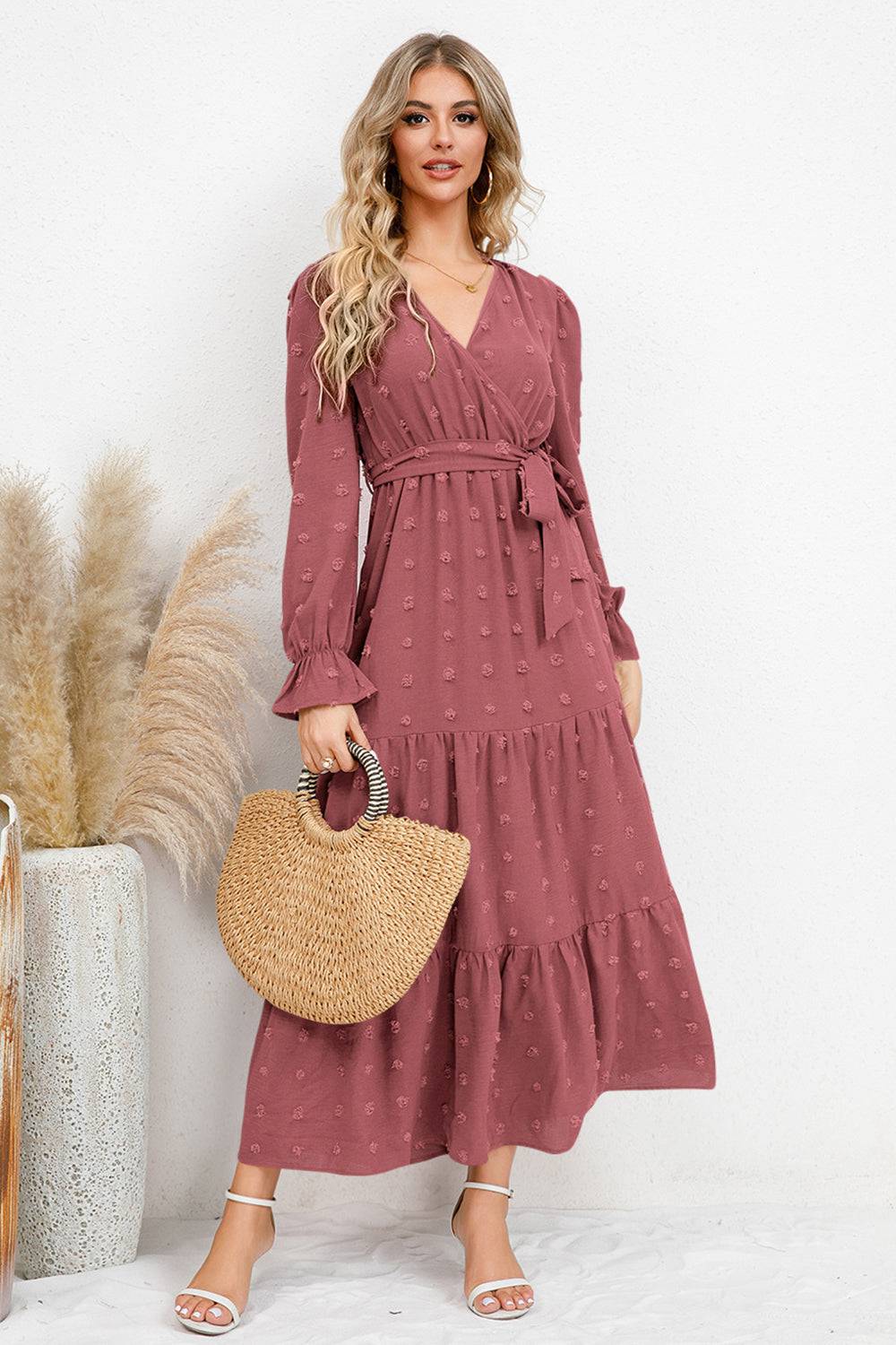 Swiss Dot Tied Surplice Flounce Sleeve Dress - Siennasass