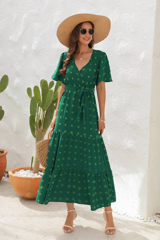 Swiss Dot Tied Surplice Short Sleeve Dress - Siennasass