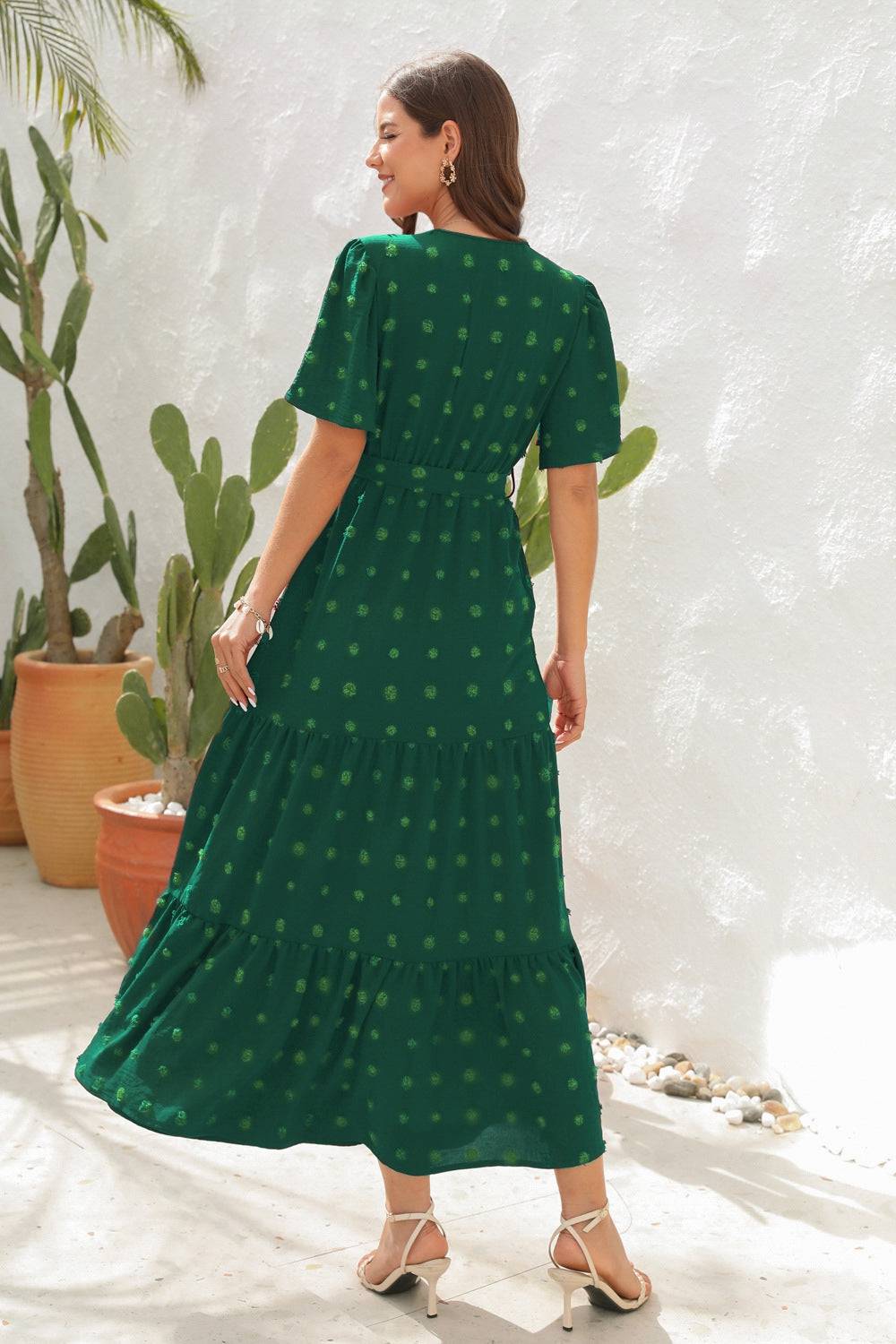Swiss Dot Tied Surplice Short Sleeve Dress - Siennasass