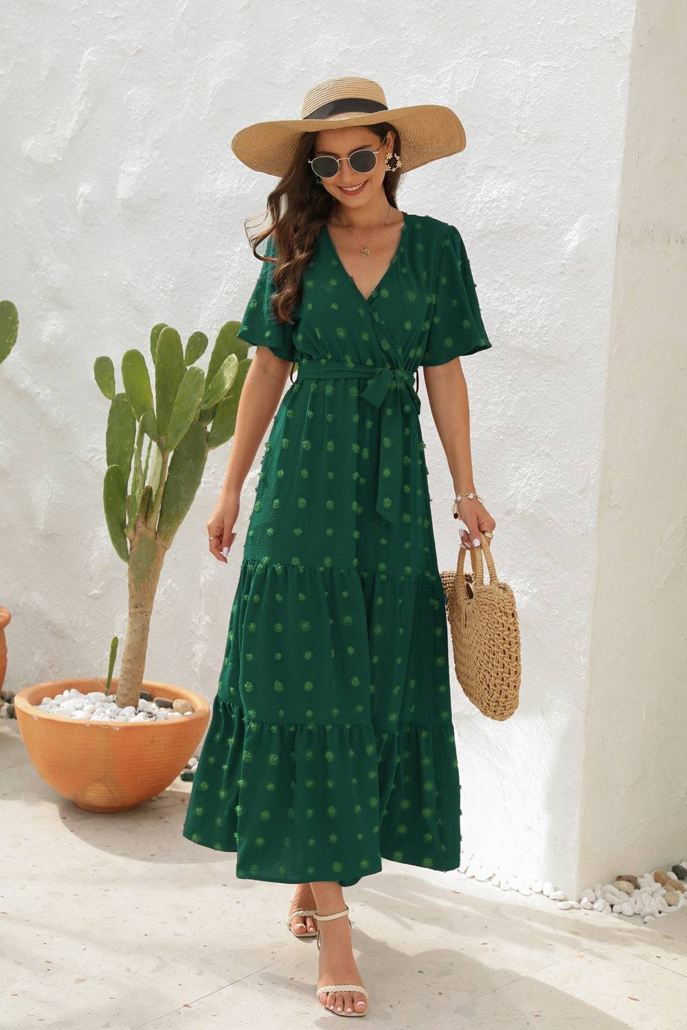 Swiss Dot Tied Surplice Short Sleeve Dress - Siennasass