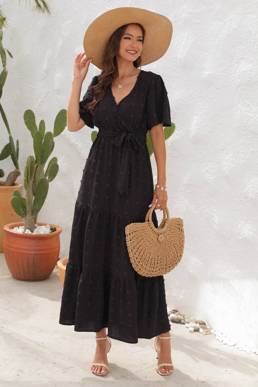 Swiss Dot Tied Surplice Short Sleeve Dress - Siennasass