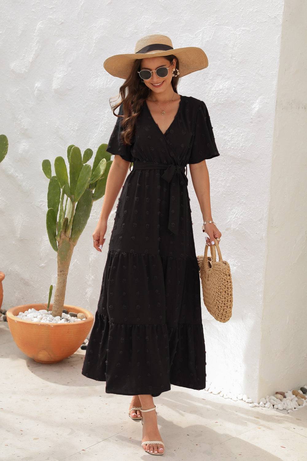 Swiss Dot Tied Surplice Short Sleeve Dress - Siennasass