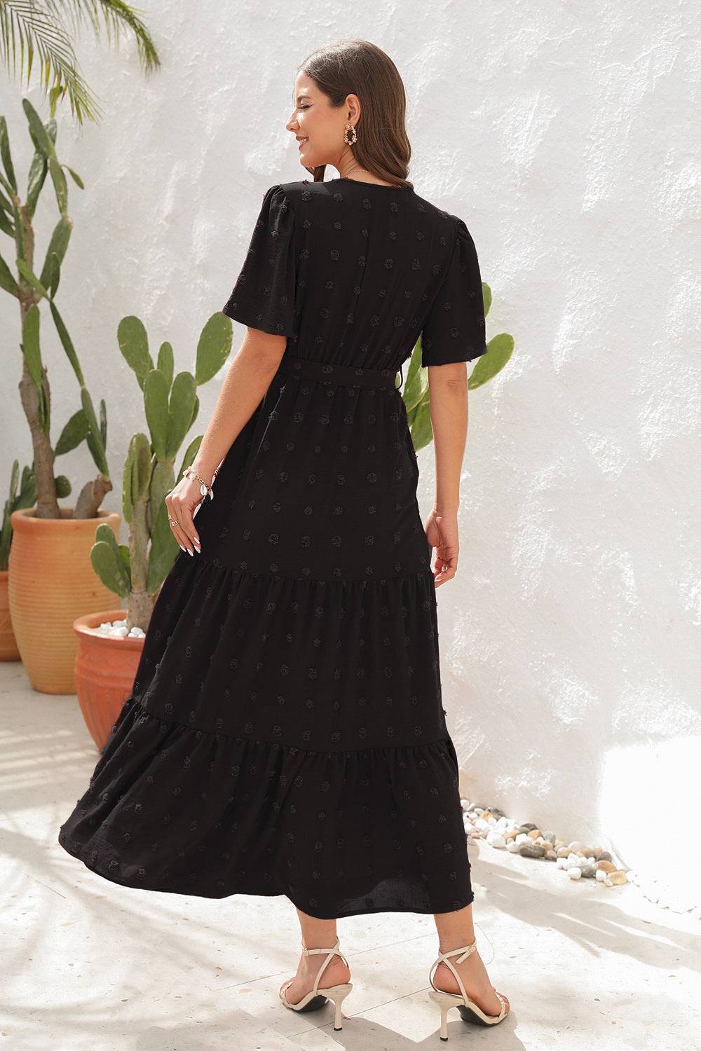 Swiss Dot Tied Surplice Short Sleeve Dress - Siennasass