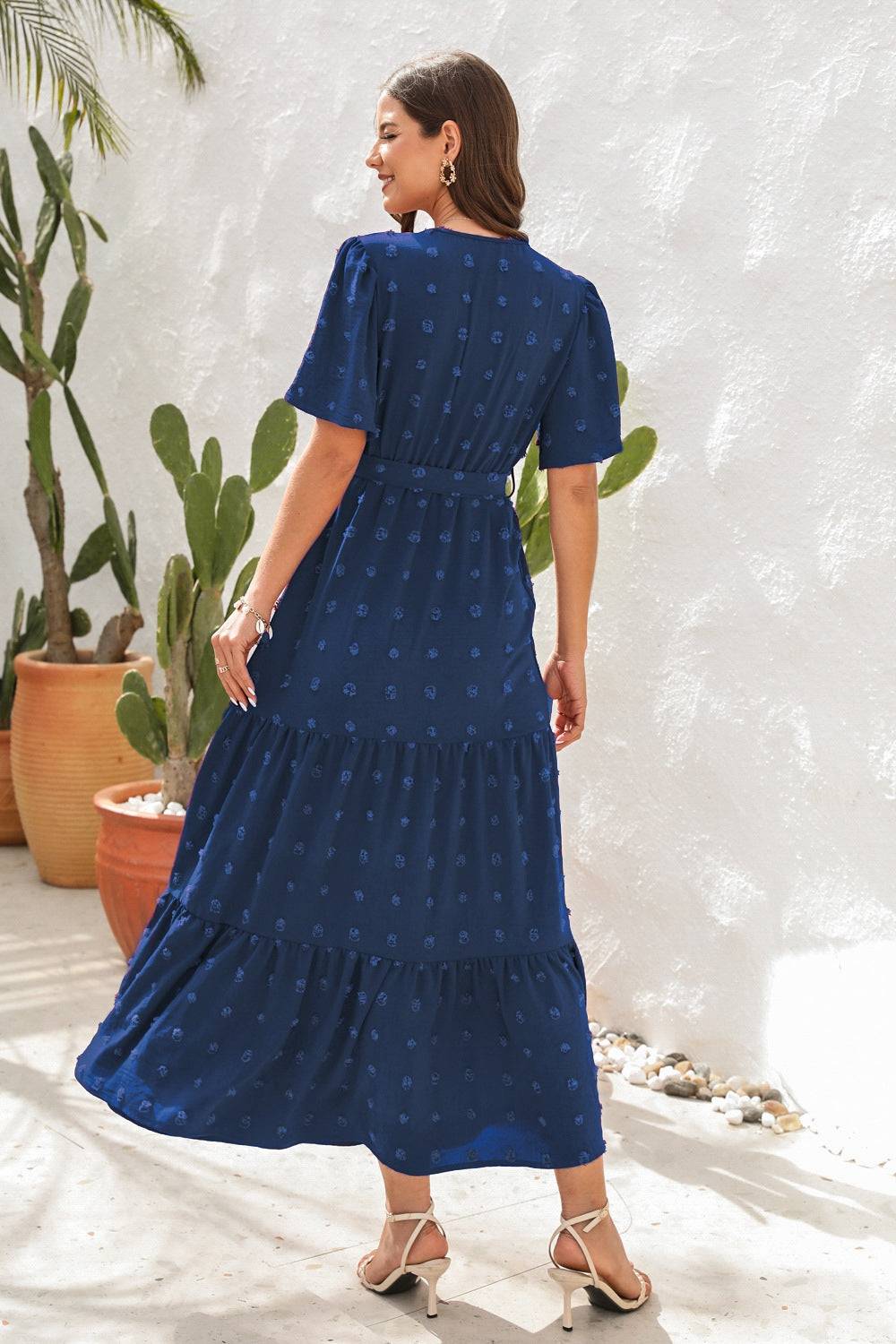 Swiss Dot Tied Surplice Short Sleeve Dress - Siennasass