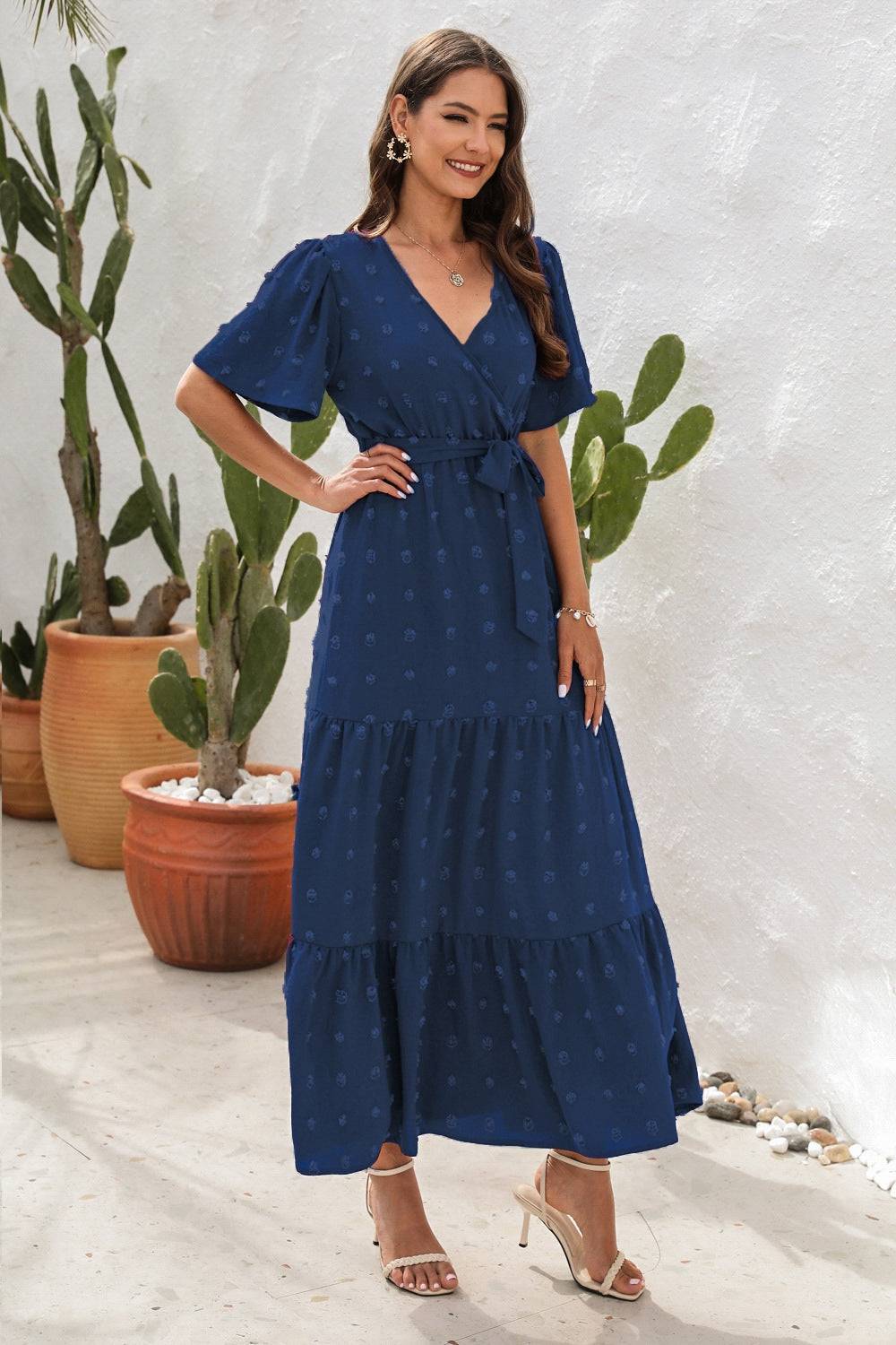 Swiss Dot Tied Surplice Short Sleeve Dress - Siennasass