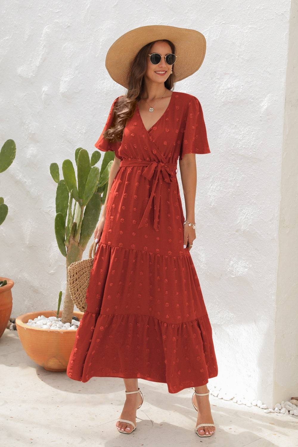 Swiss Dot Tied Surplice Short Sleeve Dress - Siennasass