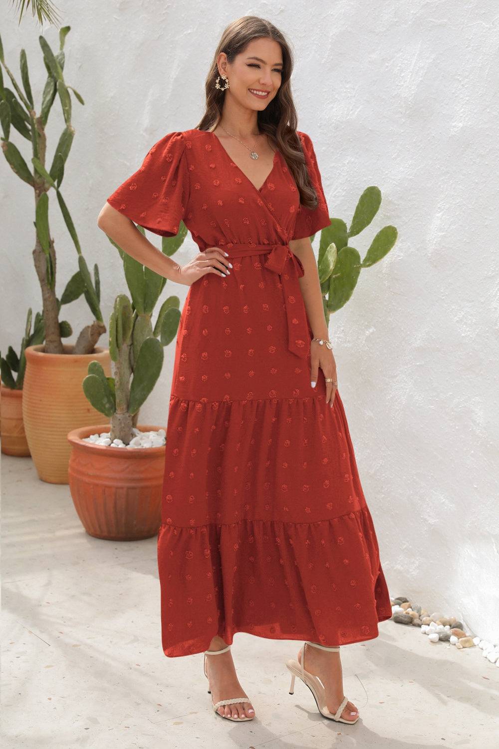 Swiss Dot Tied Surplice Short Sleeve Dress - Siennasass