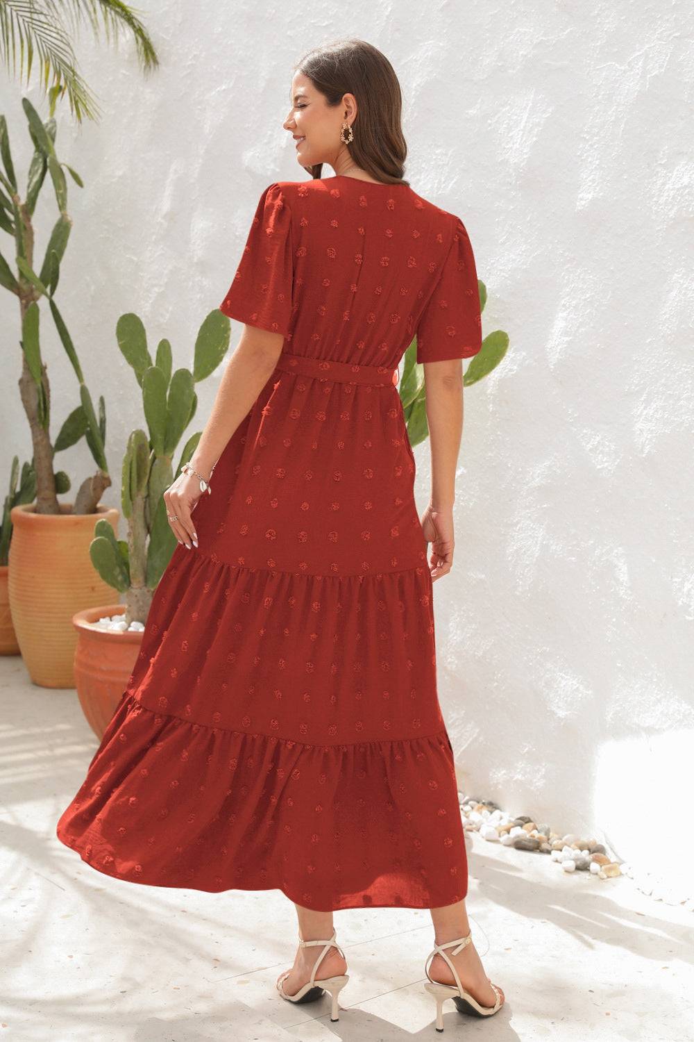 Swiss Dot Tied Surplice Short Sleeve Dress - Siennasass