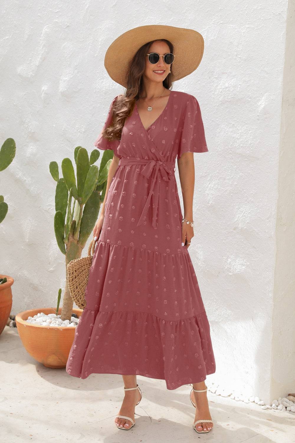 Swiss Dot Tied Surplice Short Sleeve Dress - Siennasass